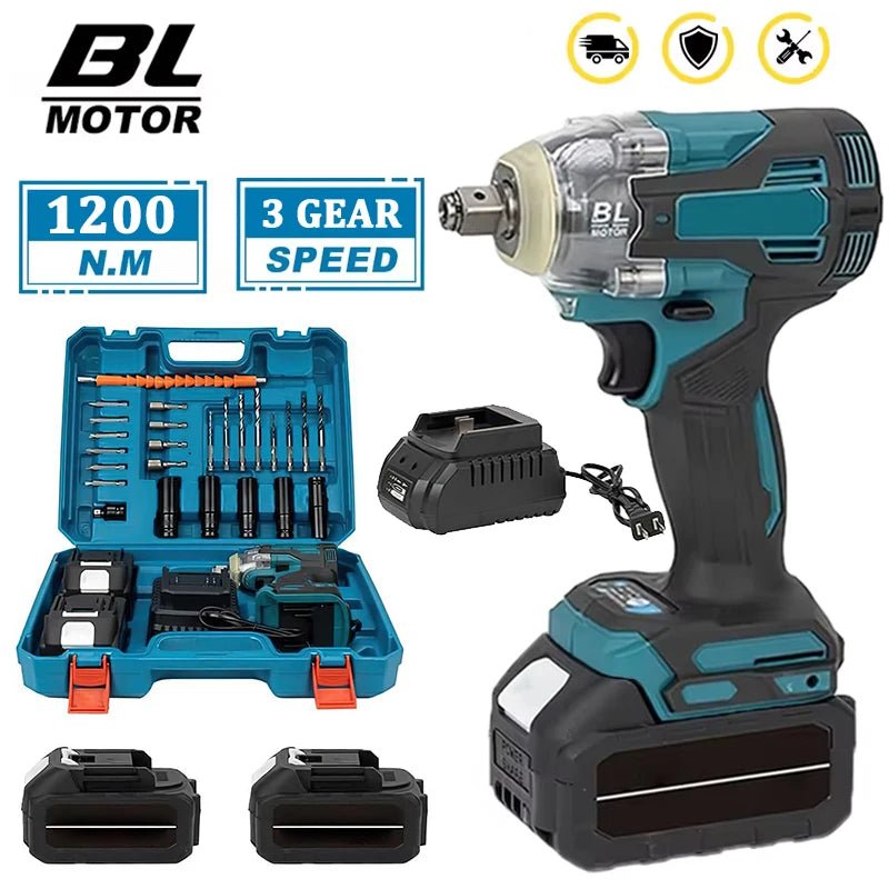 1200N.m High Torque Brushless Electric Impact Wrench 1/2 inch Cordless Screwdriver Drill Set Power Tools For Makita 18V Battery - GoDiscount