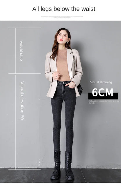 Jean Femme Taille Haute Hiver Épais en Velours – Slim Stretch Chaud Doublé Polaire, Denim Ajusté Casual