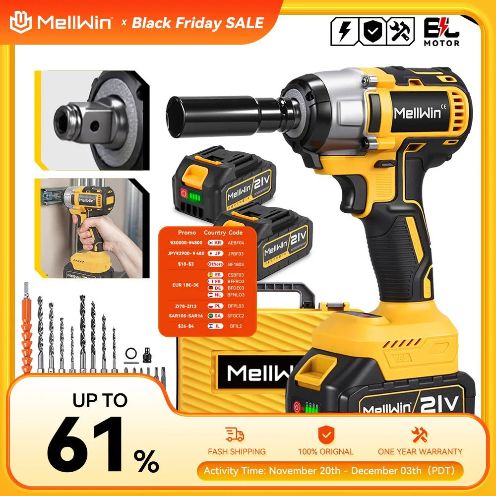 MELLWIN 800W Brushless Electric Wrench Set 3 - IN - 1 Cordless Electirc Drill/Screwdriver/Impact Wrench For Makita 18V Battery Pin - GoDiscount