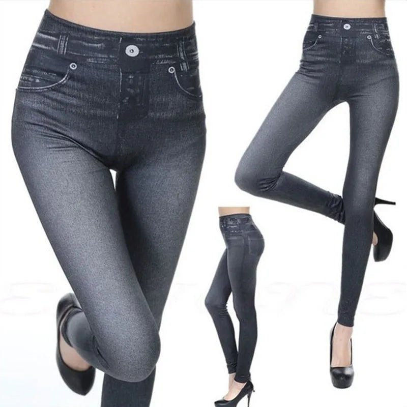 Legging Femme Imitation Jean – Legging Stretch Imprimé Denim, Slim et Confortable, Pantalon - GoDiscount