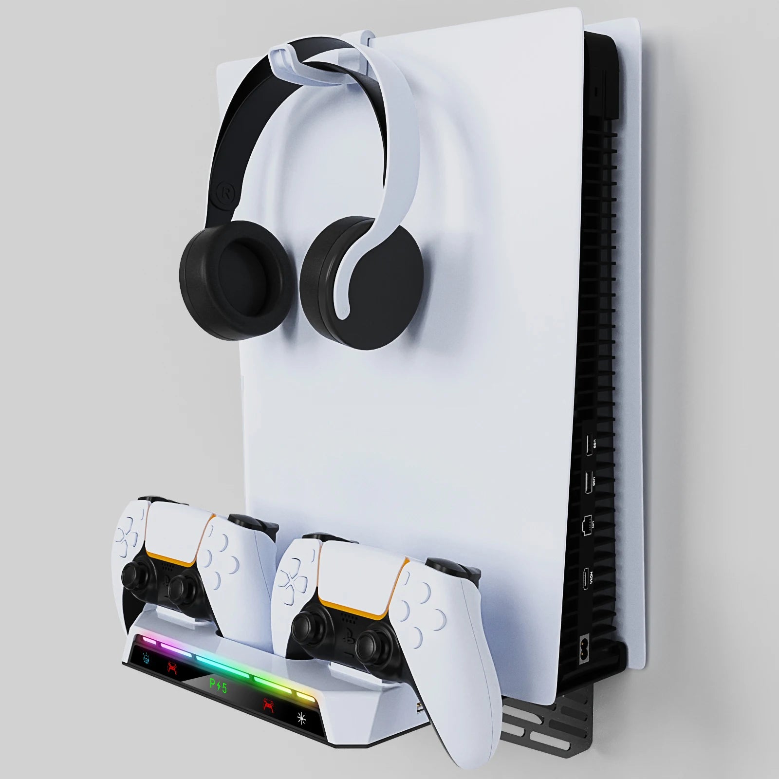 Support Mural pour PS5/Pro/Slim avec Lumière RGB, Station de Charge DualSense & Support Casque – Kit Complet Accessoires Console - GoDiscount