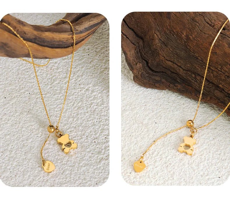Pendentif Ours Hollow avec Collier Ajustable pour Femmes, en Acier Inoxydable 316L Plaqué Or, Résistant à l'Eau, Collier Élégant pour Filles - GoDiscount