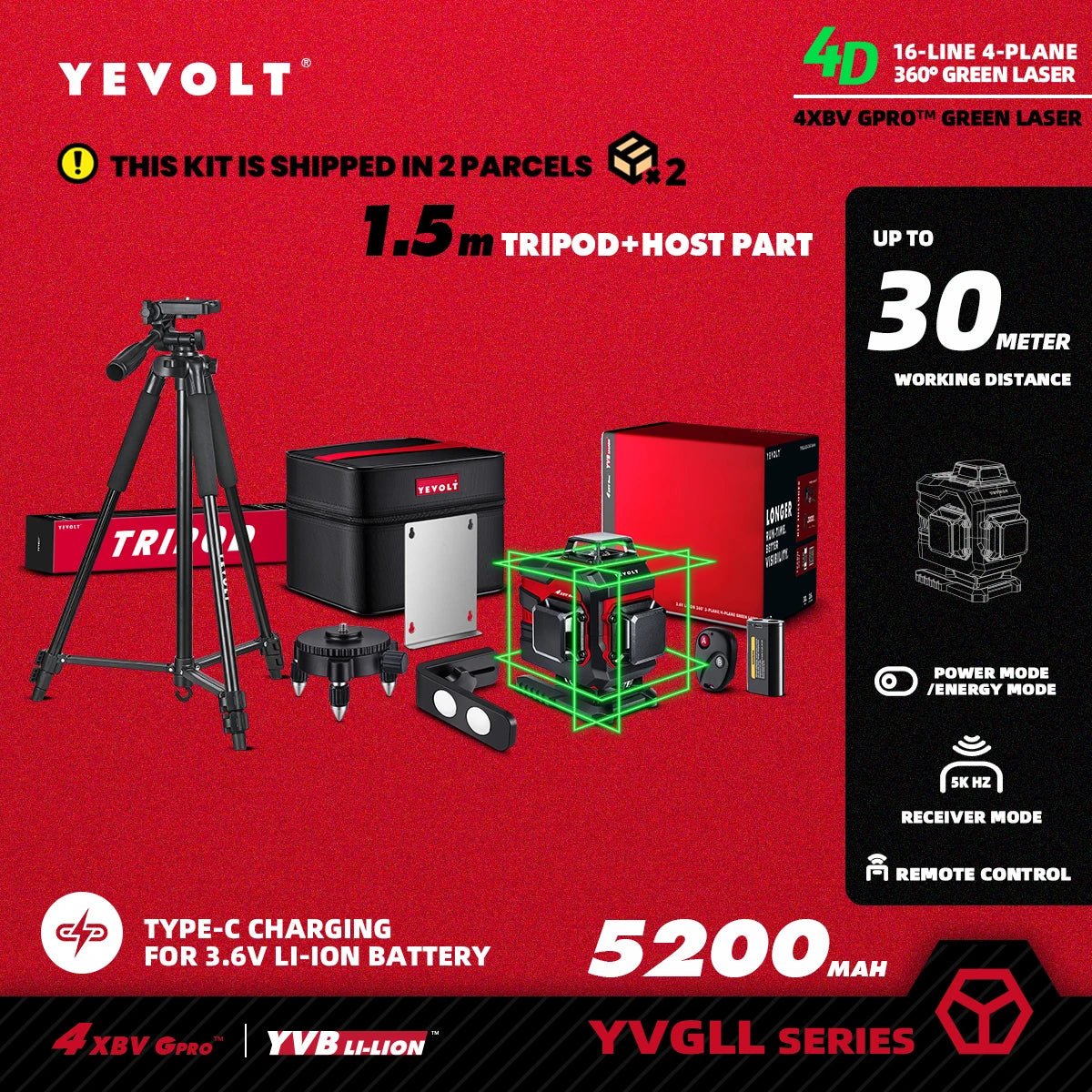 🟢🔭 Niveau Laser 3D 360° – YEVOLT YVGLL4XS16 • 4 Plans • 16 Lignes • Auto - Nivelant Pro - GoDiscount