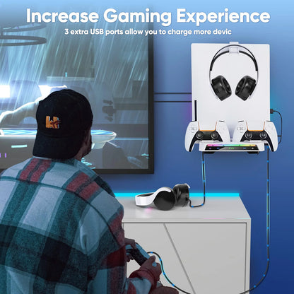Support Mural pour PS5/Pro/Slim avec Lumière RGB, Station de Charge DualSense & Support Casque – Kit Complet Accessoires Console - GoDiscount