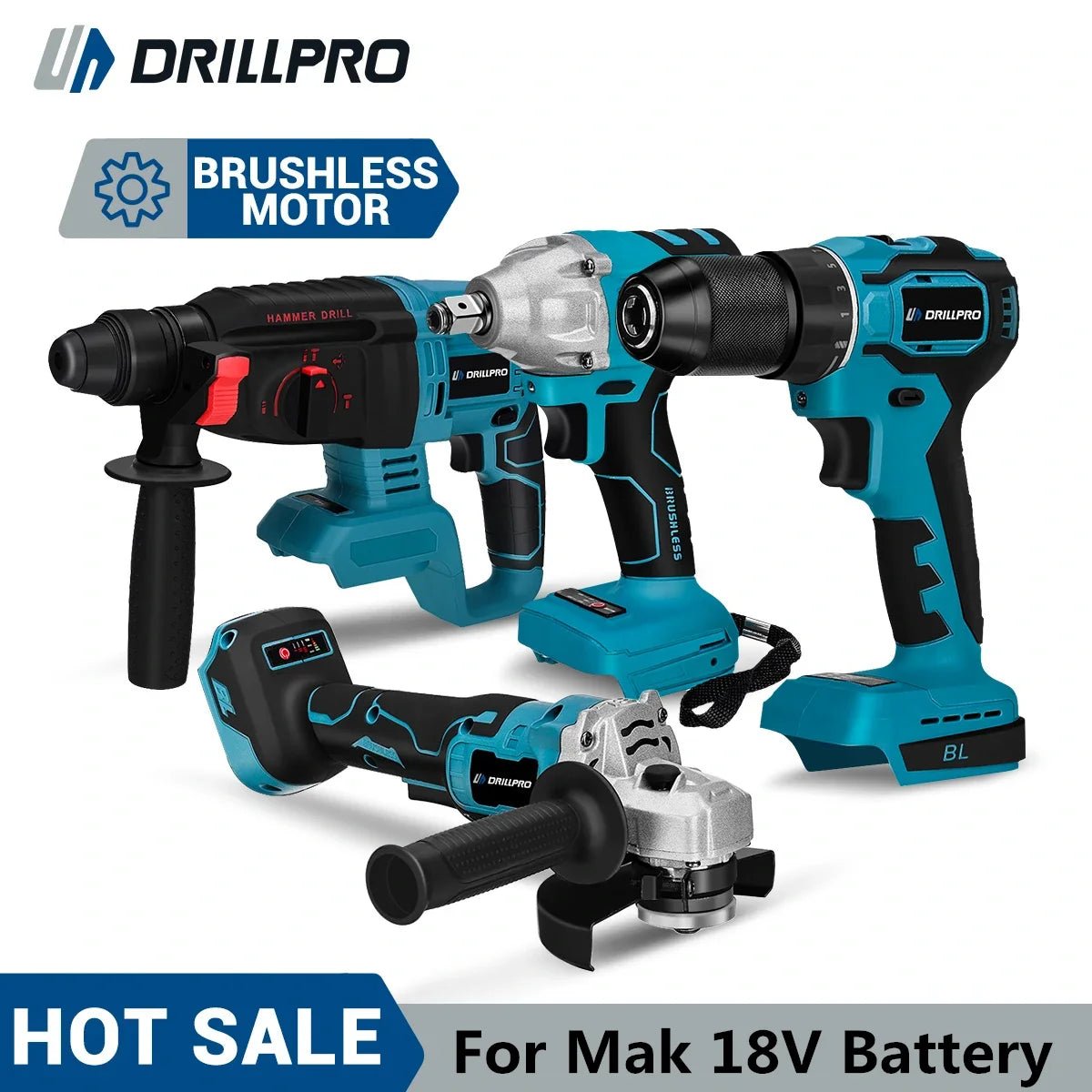 Drillpro Electric Power Tool Set 800N.M Electric Wrench Rotary Hammer 13mm Power Drill 125mm Angle Grinder For Mak 18V - GoDiscount