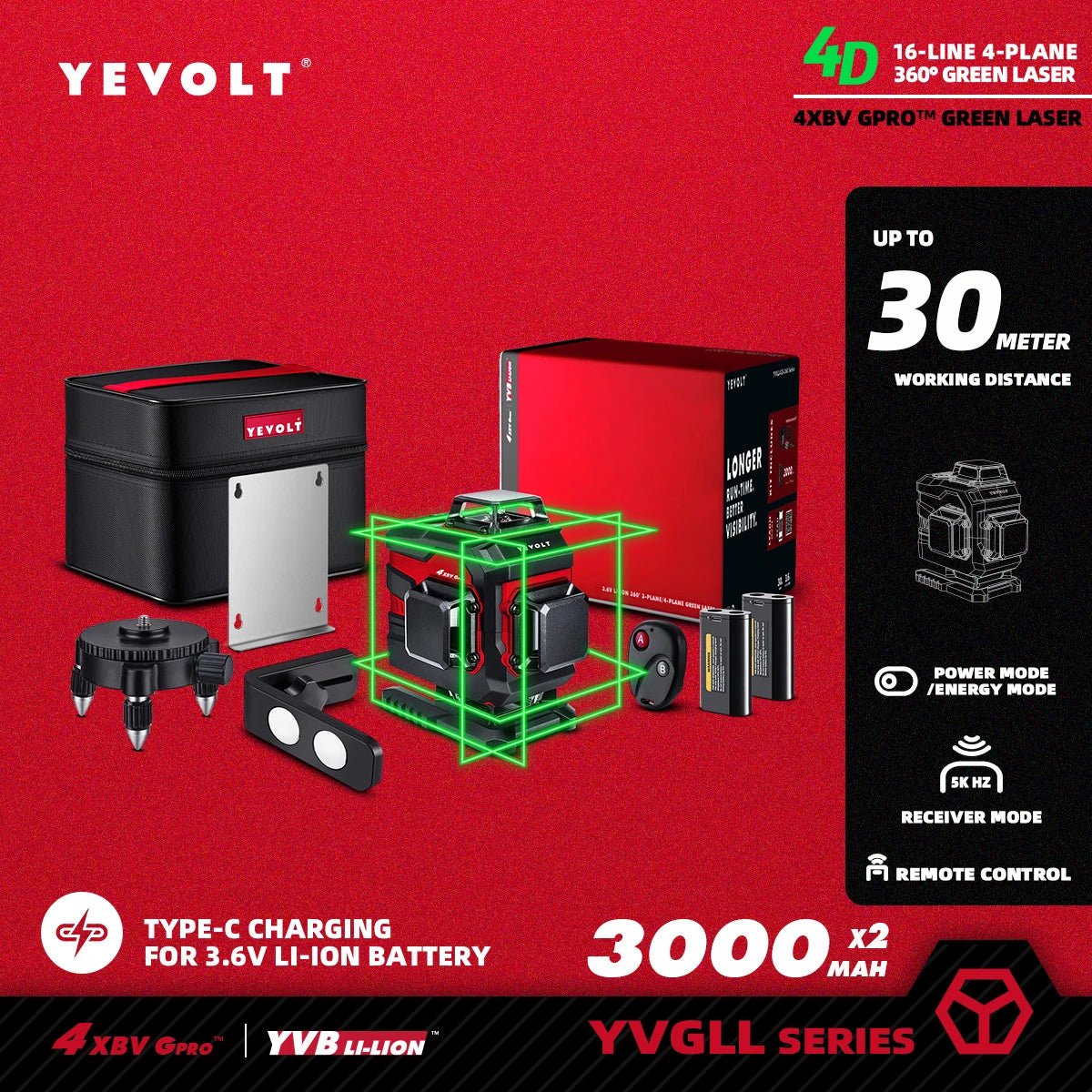🟢🔭 Niveau Laser 3D 360° – YEVOLT YVGLL4XS16 • 4 Plans • 16 Lignes • Auto - Nivelant Pro - GoDiscount