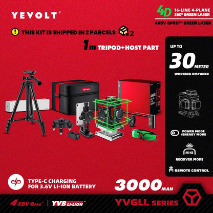 🟢🔭 Niveau Laser 3D 360° – YEVOLT YVGLL4XS16 • 4 Plans • 16 Lignes • Auto - Nivelant Pro - GoDiscount