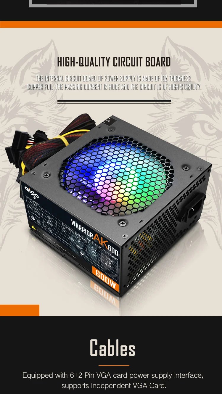 Alimentation PC Gaming Aigo AK 500W–1000W – PSU ATX 220V avec Ventilateur RGB 120mm | Bureau, Gaming & Mining BTC - GoDiscount