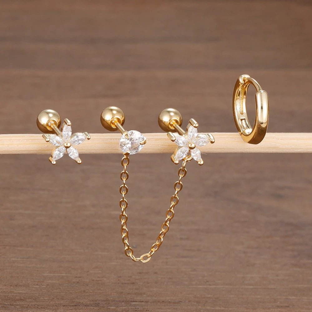 ✨ 3PCS Stainless Steel Zircon Flower & Star Ear Stud Earrings Set – 14K Gold Plated Chain Cartilage Piercing for Women | Elegant Jewelry Set 💎🌸 - GoDiscount