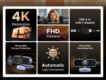 Webcam UGREEN 4K 8MP – Autofocus PDAF, Micro AI Anti-Bruit, Full HD 1080P, Idéale pour Zoom, Teams - GoDiscount