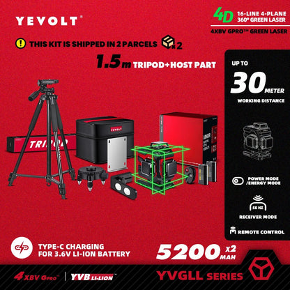 🟢🔭 Niveau Laser 3D 360° – YEVOLT YVGLL4XS16 • 4 Plans • 16 Lignes • Auto - Nivelant Pro - GoDiscount