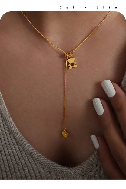 Pendentif Ours Hollow avec Collier Ajustable pour Femmes, en Acier Inoxydable 316L Plaqué Or, Résistant à l'Eau, Collier Élégant pour Filles - GoDiscount