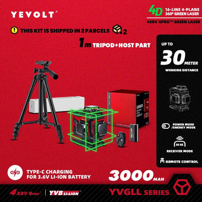 🟢🔭 Niveau Laser 3D 360° – YEVOLT YVGLL4XS16 • 4 Plans • 16 Lignes • Auto - Nivelant Pro - GoDiscount