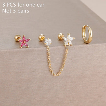 ✨ 3PCS Stainless Steel Zircon Flower & Star Ear Stud Earrings Set – 14K Gold Plated Chain Cartilage Piercing for Women | Elegant Jewelry Set 💎🌸 - GoDiscount