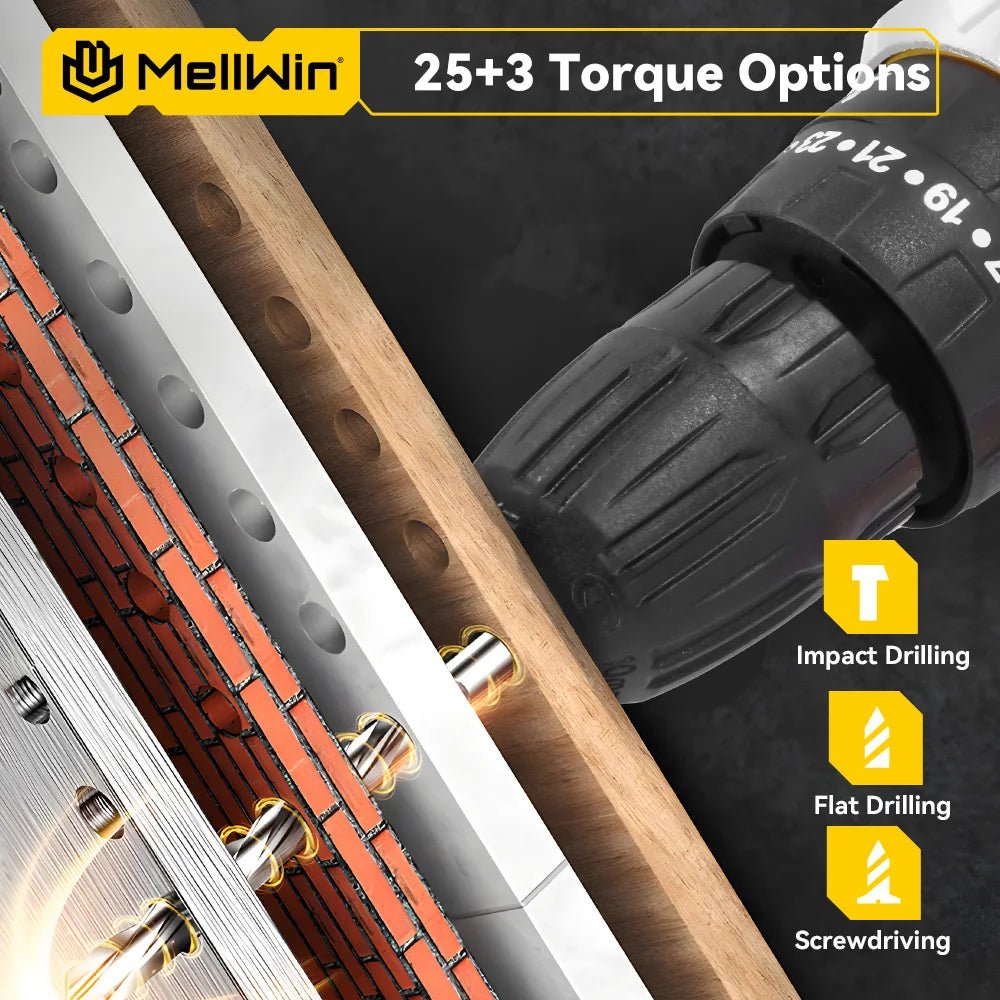 MELLWIN 25+3 Torque Cordless Electric Impact Drill Set Multipurpose Electric Screwdriver Tool Sets For Makita 18V Battery Pin - GoDiscount