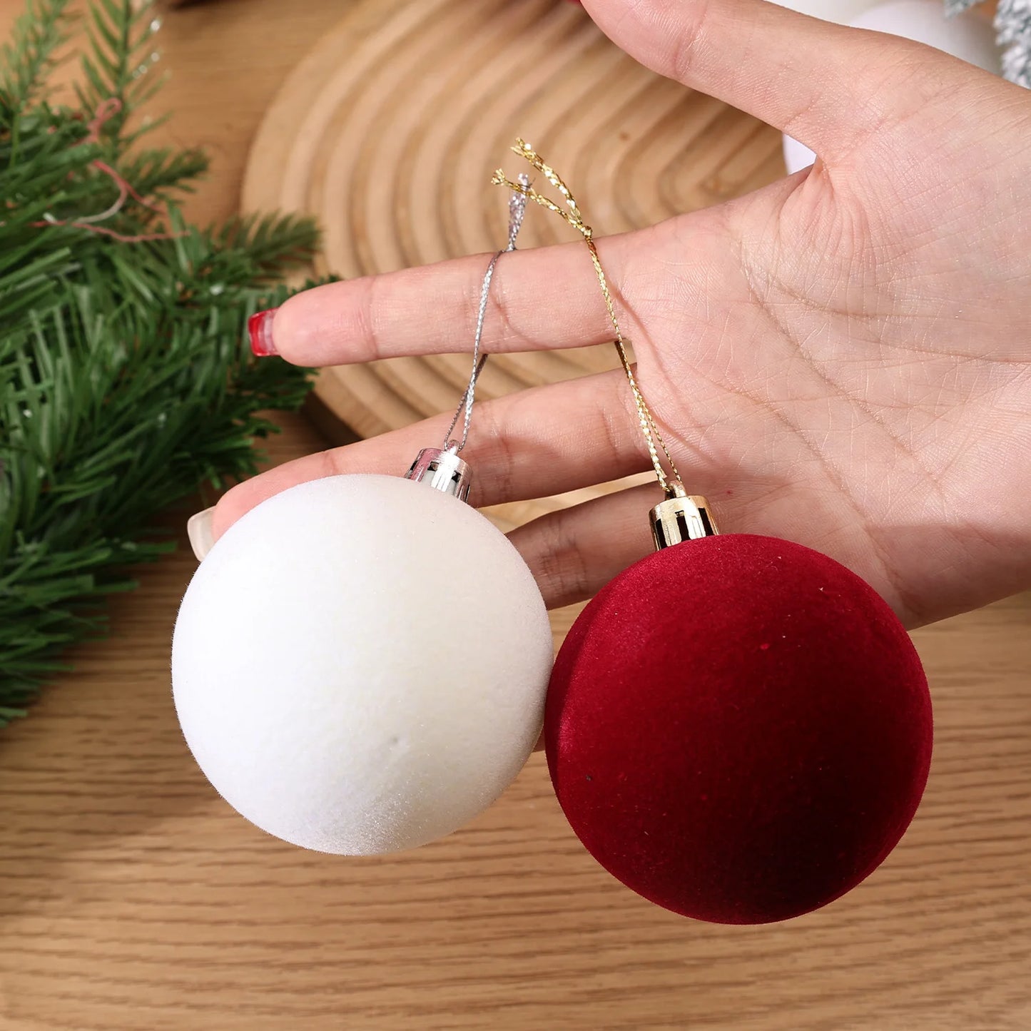 6cm Wine Red Velvet Christmas Balls for Xmas Tree Flocked Xmas Ball Hanging Pendents Navidad Festival Party Home Decor Supplies - GoDiscount