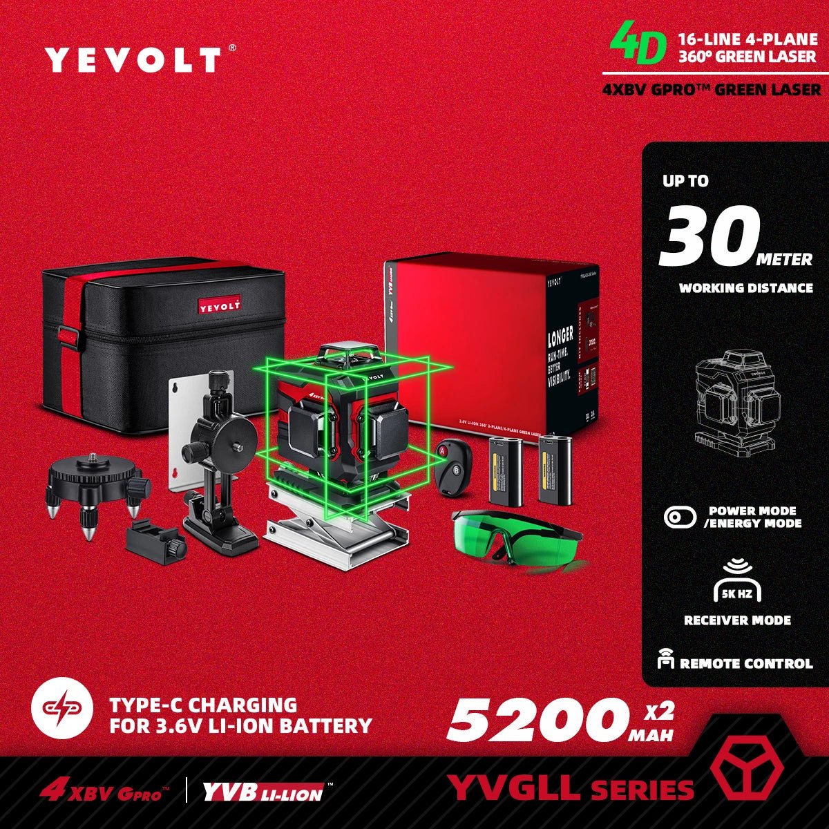 🟢🔭 Niveau Laser 3D 360° – YEVOLT YVGLL4XS16 • 4 Plans • 16 Lignes • Auto - Nivelant Pro - GoDiscount