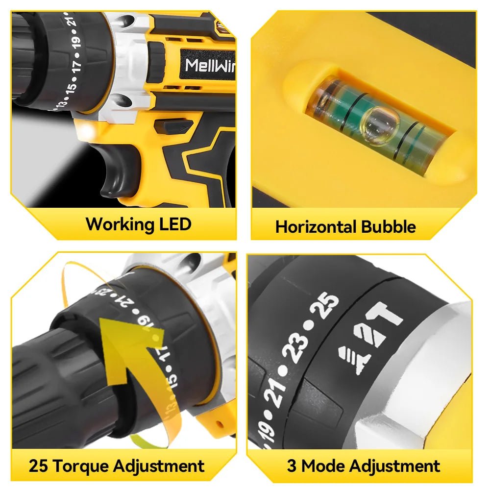 MELLWIN 25+3 Torque Cordless Electric Impact Drill Set Multipurpose Electric Screwdriver Tool Sets For Makita 18V Battery Pin - GoDiscount