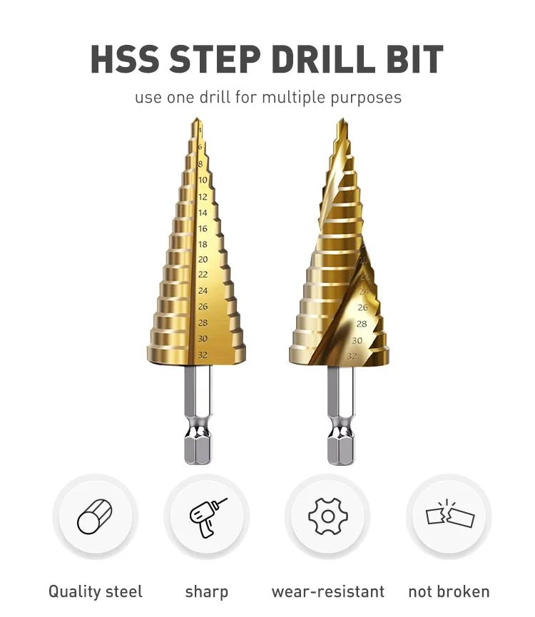 1️⃣ Forets Étagés HSS Titane – Perçage Ultra - Précis Bois & Métal (4–12 / 4–20 / 4–32 mm) - GoDiscount