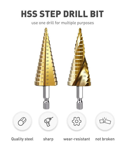 1️⃣ Forets Étagés HSS Titane – Perçage Ultra - Précis Bois & Métal (4–12 / 4–20 / 4–32 mm) - GoDiscount