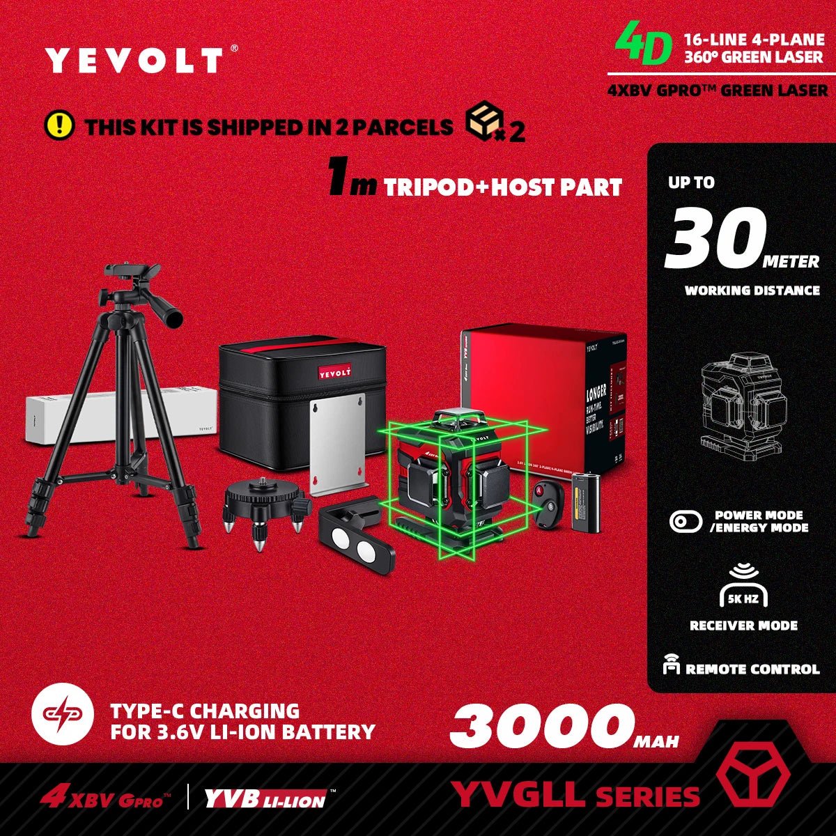 🟢🔭 Niveau Laser 3D 360° – YEVOLT YVGLL4XS16 • 4 Plans • 16 Lignes • Auto - Nivelant Pro - GoDiscount