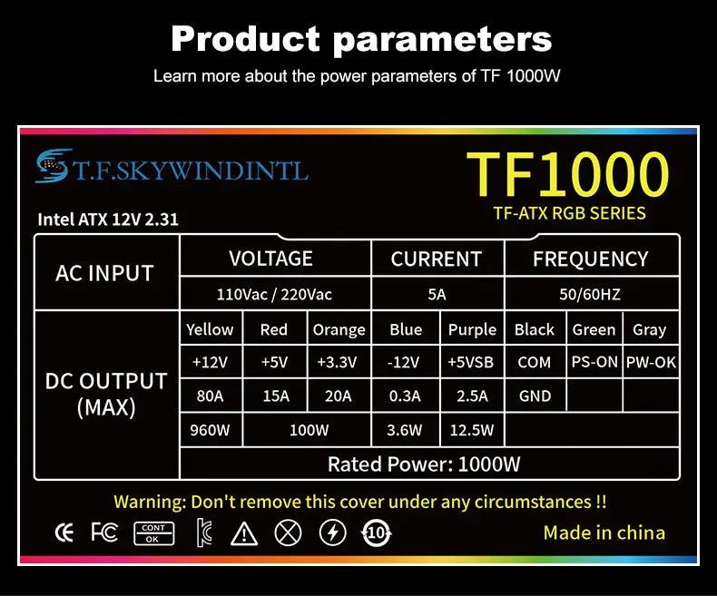 Alimentation PC 1000W Gold – Bloc d’Alimentation Modulaire ATX SKYWINDINTL, Compatible PC Gaming - GoDiscount