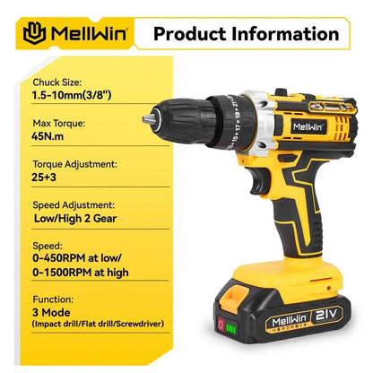 MELLWIN 25+3 Torque Cordless Electric Impact Drill Set Multipurpose Electric Screwdriver Tool Sets For Makita 18V Battery Pin - GoDiscount