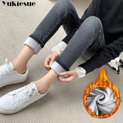 Jean Femme Taille Haute Hiver Épais en Velours – Slim Stretch Chaud Doublé Polaire, Denim Ajusté Casual - GoDiscount