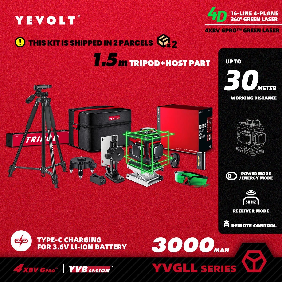 🟢🔭 Niveau Laser 3D 360° – YEVOLT YVGLL4XS16 • 4 Plans • 16 Lignes • Auto - Nivelant Pro - GoDiscount