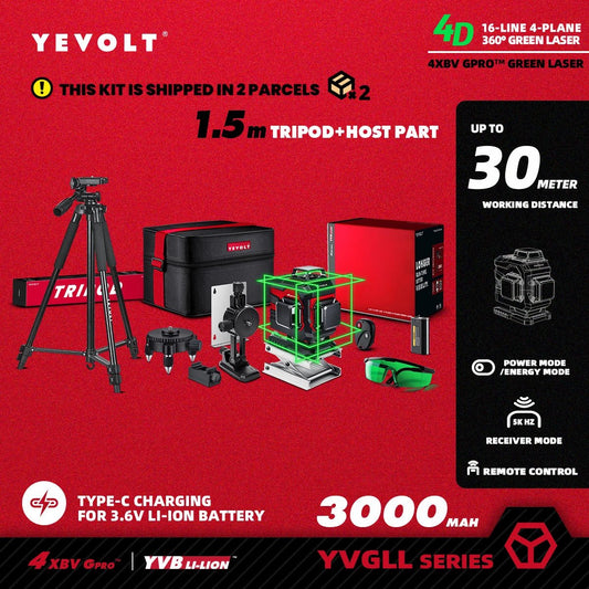 🟢🔭 Niveau Laser 3D 360° – YEVOLT YVGLL4XS16 • 4 Plans • 16 Lignes • Auto - Nivelant Pro - GoDiscount