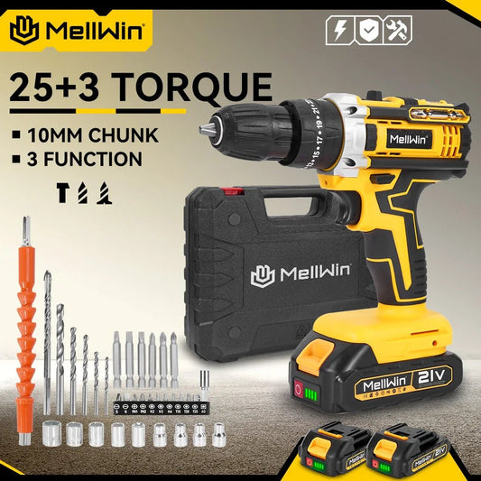 MELLWIN 25+3 Torque Cordless Electric Impact Drill Set Multipurpose Electric Screwdriver Tool Sets For Makita 18V Battery Pin - GoDiscount
