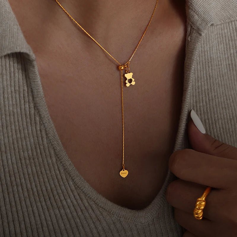 Pendentif Ours Hollow avec Collier Ajustable pour Femmes, en Acier Inoxydable 316L Plaqué Or, Résistant à l'Eau, Collier Élégant pour Filles - GoDiscount