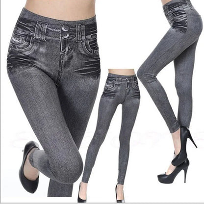 Legging Femme Imitation Jean – Legging Stretch Imprimé Denim, Slim et Confortable, Pantalon - GoDiscount