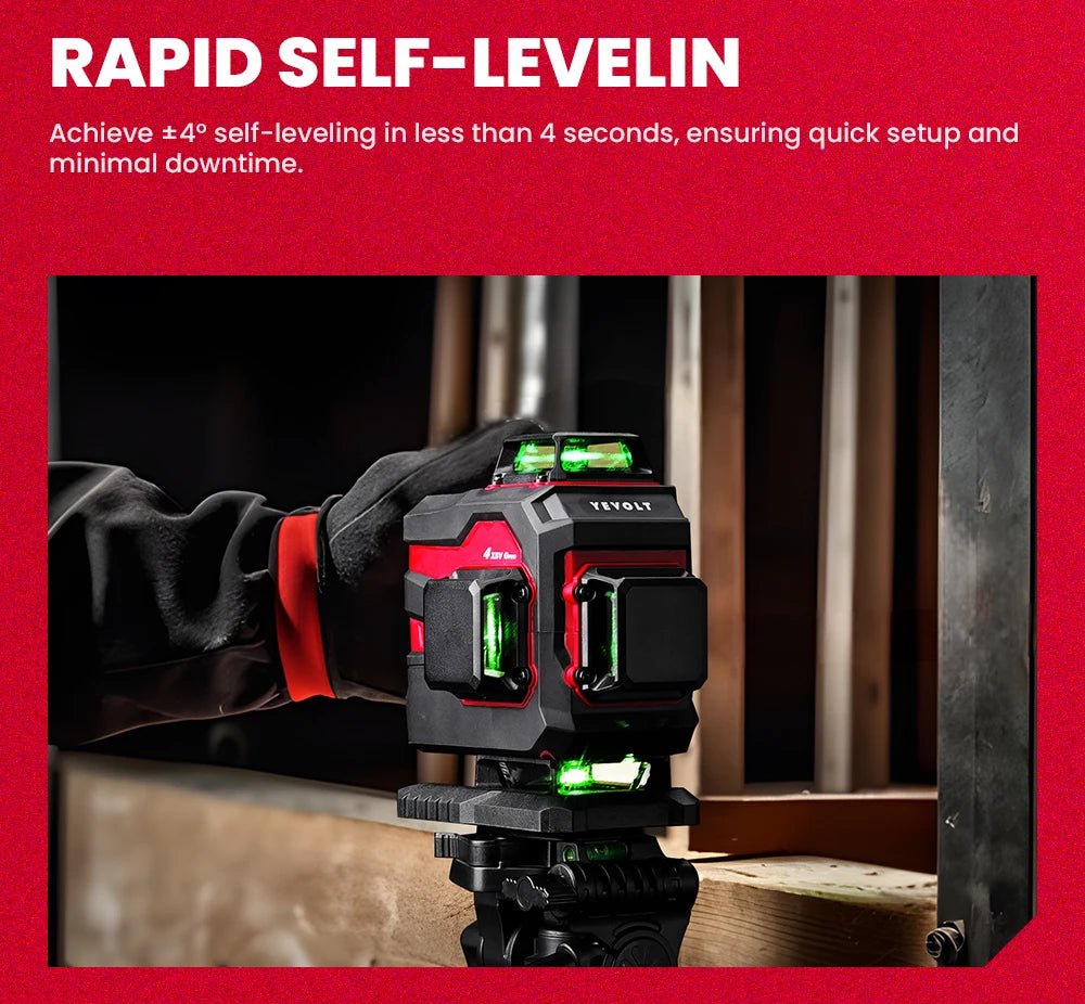 🟢🔭 Niveau Laser 3D 360° – YEVOLT YVGLL4XS16 • 4 Plans • 16 Lignes • Auto - Nivelant Pro - GoDiscount