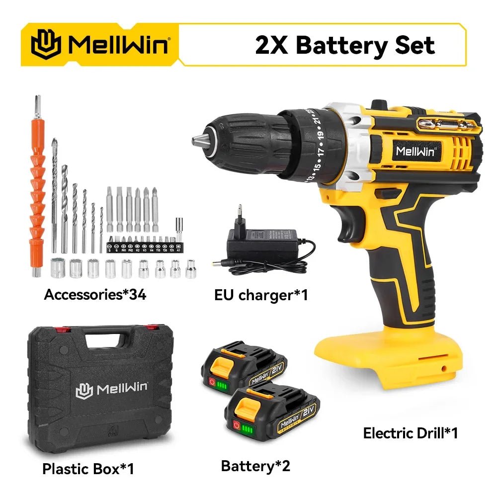 MELLWIN 25+3 Torque Cordless Electric Impact Drill Set Multipurpose Electric Screwdriver Tool Sets For Makita 18V Battery Pin - GoDiscount