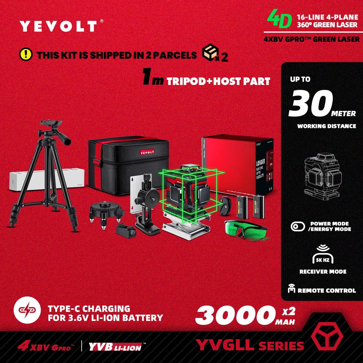 🟢🔭 Niveau Laser 3D 360° – YEVOLT YVGLL4XS16 • 4 Plans • 16 Lignes • Auto - Nivelant Pro - GoDiscount