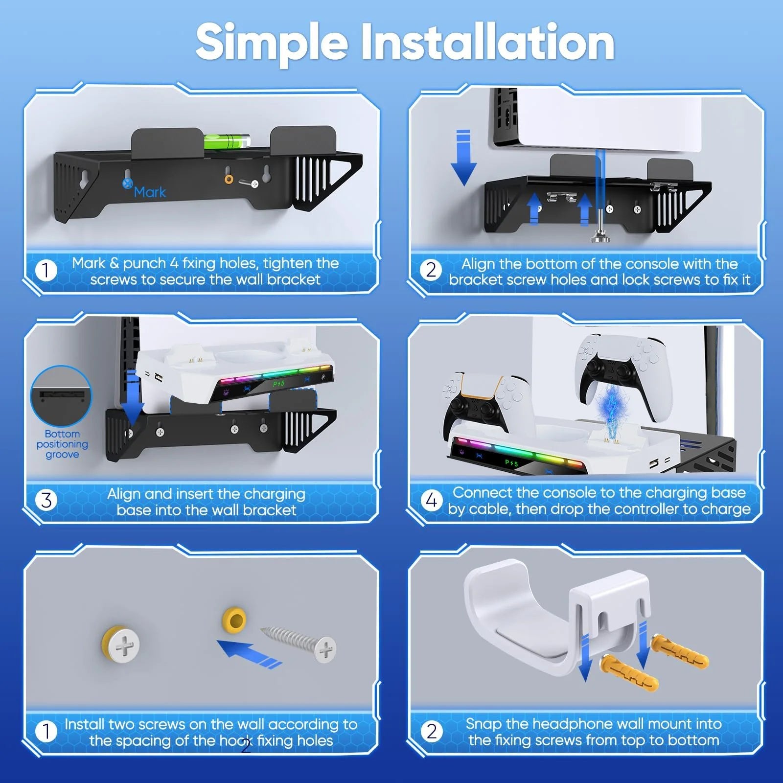 Support Mural pour PS5/Pro/Slim avec Lumière RGB, Station de Charge DualSense & Support Casque – Kit Complet Accessoires Console - GoDiscount