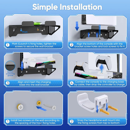 Support Mural pour PS5/Pro/Slim avec Lumière RGB, Station de Charge DualSense & Support Casque – Kit Complet Accessoires Console - GoDiscount