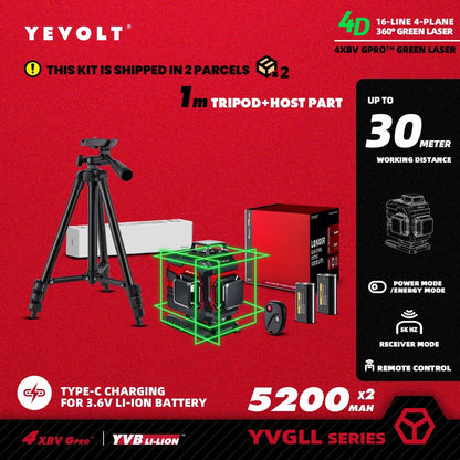 🟢🔭 Niveau Laser 3D 360° – YEVOLT YVGLL4XS16 • 4 Plans • 16 Lignes • Auto - Nivelant Pro - GoDiscount