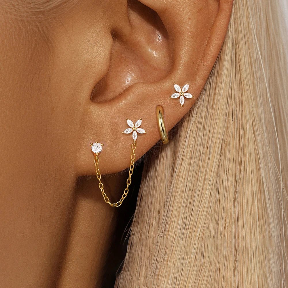 ✨ 3PCS Stainless Steel Zircon Flower & Star Ear Stud Earrings Set – 14K Gold Plated Chain Cartilage Piercing for Women | Elegant Jewelry Set 💎🌸 - GoDiscount