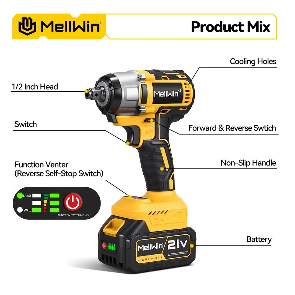 MELLWIN 800W Brushless Electric Wrench Set 3 - IN - 1 Cordless Electirc Drill/Screwdriver/Impact Wrench For Makita 18V Battery Pin - GoDiscount