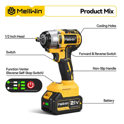 MELLWIN 800W Brushless Electric Wrench Set 3 - IN - 1 Cordless Electirc Drill/Screwdriver/Impact Wrench For Makita 18V Battery Pin - GoDiscount