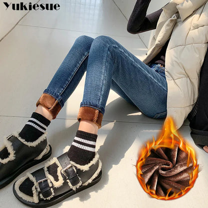 Jean Femme Taille Haute Hiver Épais en Velours – Slim Stretch Chaud Doublé Polaire, Denim Ajusté Casual