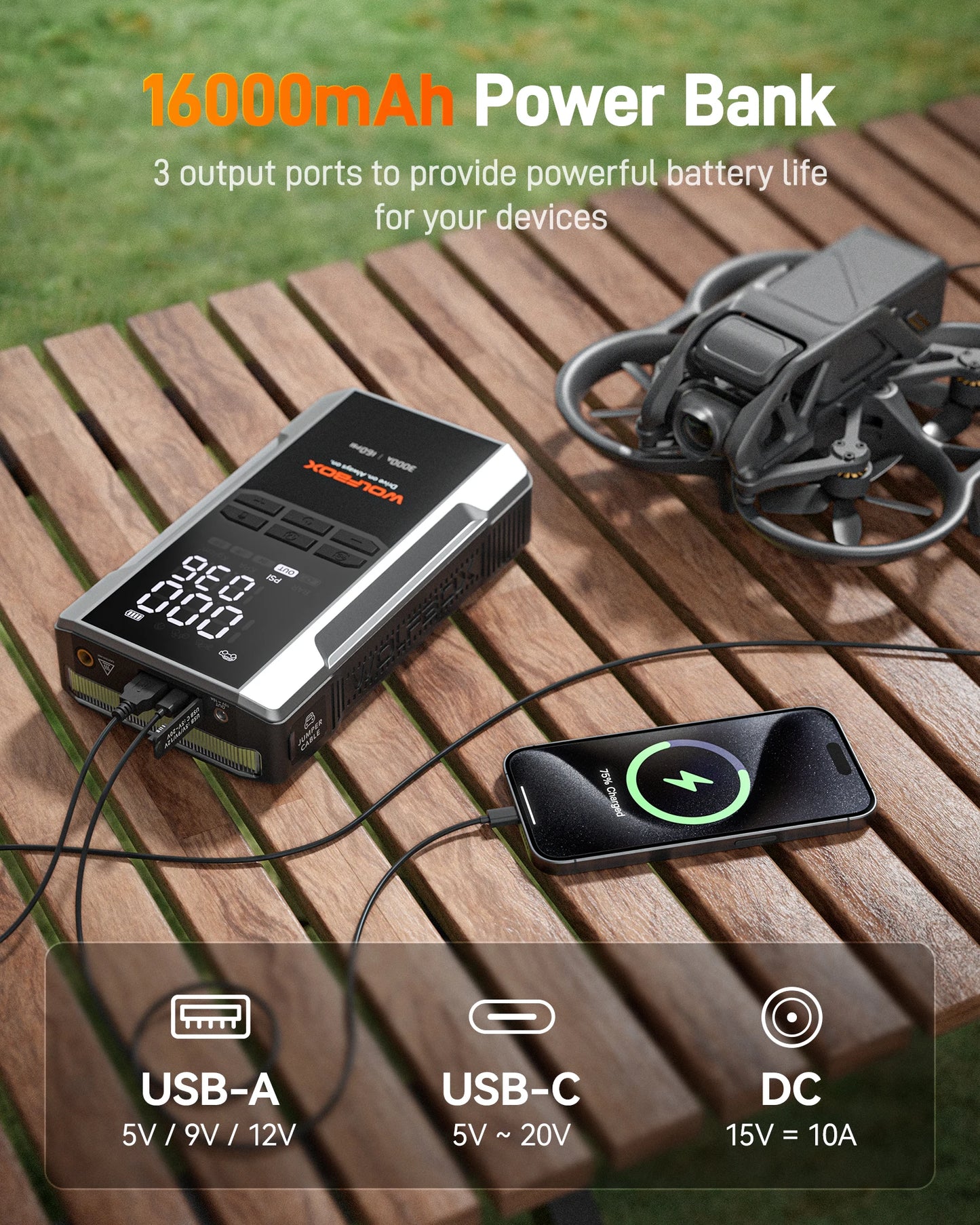 "WOLFBOX 3000A Jump Starter avec Compresseur d'Air, 16000mAh & 160PSI, Démarreur de Batterie Portable Voiture avec Charge Rapide 65W" - GoDiscount