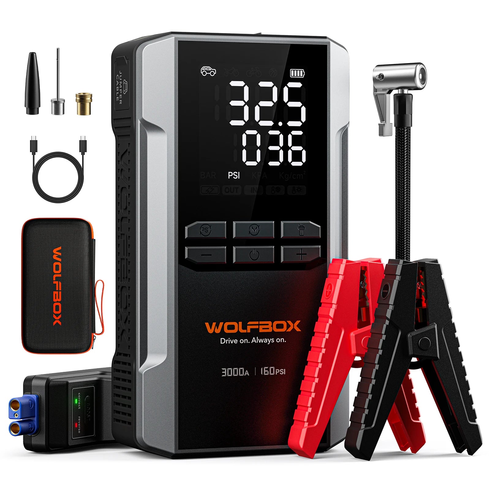 "WOLFBOX 3000A Jump Starter avec Compresseur d'Air, 16000mAh & 160PSI, Démarreur de Batterie Portable Voiture avec Charge Rapide 65W" - GoDiscount