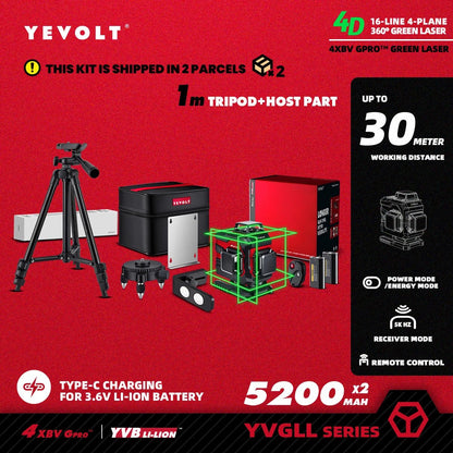 🟢🔭 Niveau Laser 3D 360° – YEVOLT YVGLL4XS16 • 4 Plans • 16 Lignes • Auto - Nivelant Pro - GoDiscount
