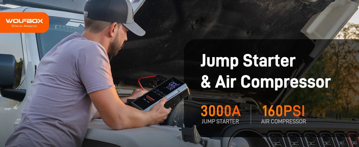 "WOLFBOX 3000A Jump Starter avec Compresseur d'Air, 16000mAh & 160PSI, Démarreur de Batterie Portable Voiture avec Charge Rapide 65W" - GoDiscount