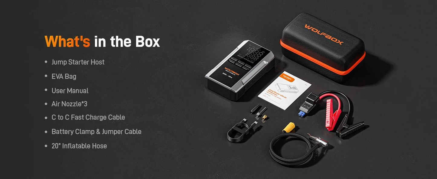 "WOLFBOX 3000A Jump Starter avec Compresseur d'Air, 16000mAh & 160PSI, Démarreur de Batterie Portable Voiture avec Charge Rapide 65W" - GoDiscount