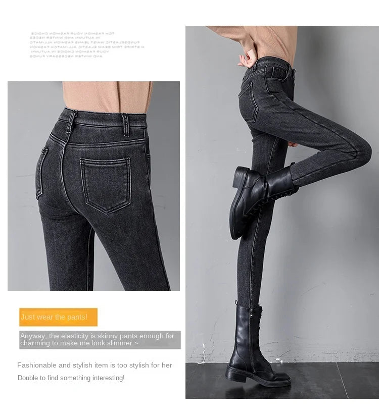 Jean Femme Taille Haute Hiver Épais en Velours – Slim Stretch Chaud Doublé Polaire, Denim Ajusté Casual