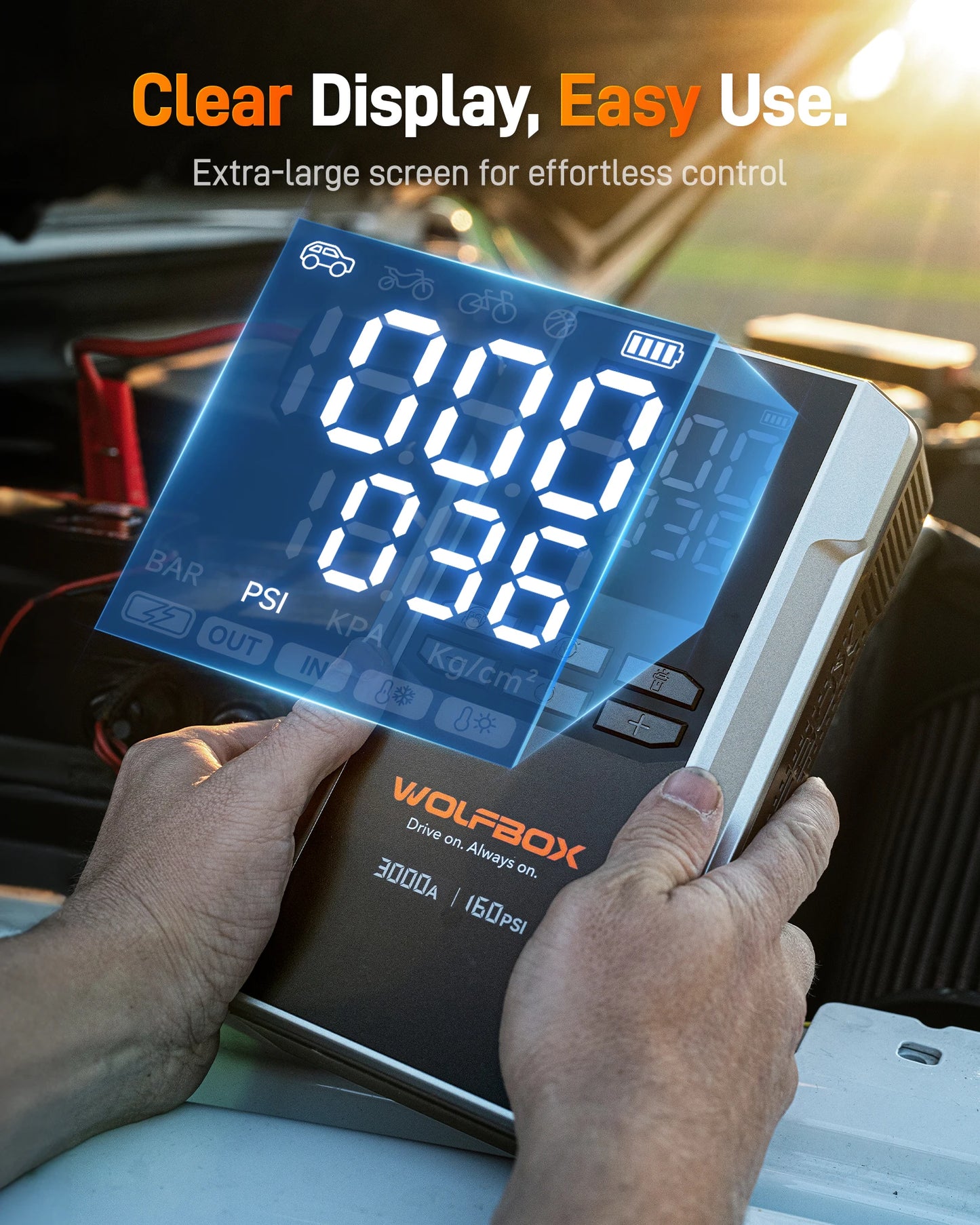 "WOLFBOX 3000A Jump Starter avec Compresseur d'Air, 16000mAh & 160PSI, Démarreur de Batterie Portable Voiture avec Charge Rapide 65W" - GoDiscount